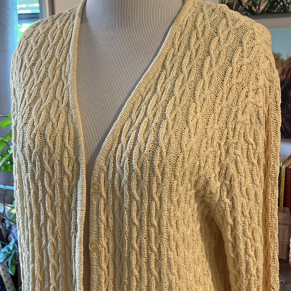 VINTAGE LIZ CLAIBORNE LIZ GOLF CARDIGAN CABLE KNIT SWEATER STRAW YELLOW SIZE M - Picture 3 of 12